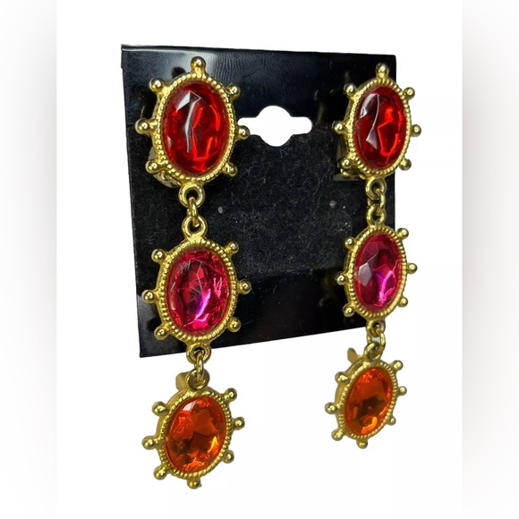 VTG Gerard Yosca Gold Tone Clip On Crystal Etruscan Byzantine Dangle Earrings - Picture 2 of 6
